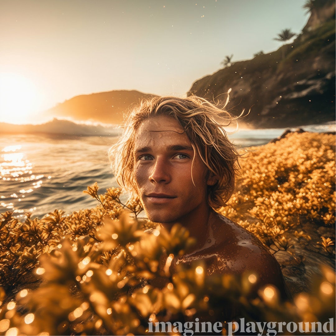 Surf Boy Swimming in Ocean at Sunset With Golden Flowers Etsy