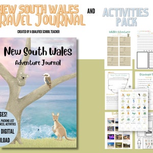 May include: A travel journal and activities pack for New South Wales. The journal cover features a koala and kookaburra on a tree, with a kangaroo in the foreground. The pack includes 35 pages of journal prompts, games, and activities. Text includes "New South Wales Adventure Journal" and "Instant Digital Download."