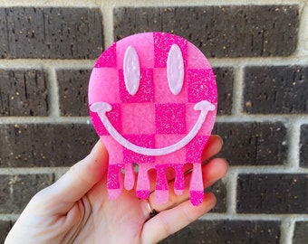 Pink Checkered Smiley Face Car Freshies | Custom Luxury Car Decor Air Fresheners Retro Drippy Smileyface Accessories
