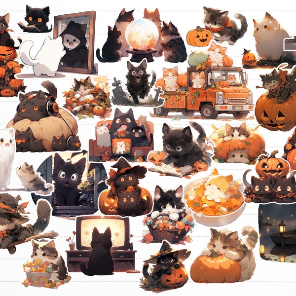 Halloween Cat Pumpkin Stickers Pouch. Trick or Treat with 30 Kawaii Halloween Cat Stickers Collection. For Spooky Crafts, Fall Decorations.