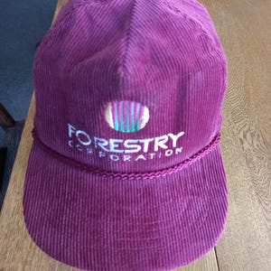 Può includere: Un berretto da baseball in velluto a coste color magenta scuro con un bordo in corda intrecciata alla base della corona. La parte anteriore presenta un logo circolare ricamato con linee verdi verticali e il testo bianco Forestry Corporation.