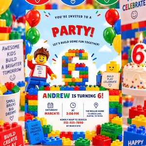 Pode incluir: Um modelo de convite digital de 5x7 polegadas com um número seis de blocos coloridos, um personagem de desenho animado e o texto Andrew is turning 6, Saturday March 15 at 2:00 PM, The Miller Home 123 Brick Lane, Austin, TX 78704, RSVP 512-555-7890.