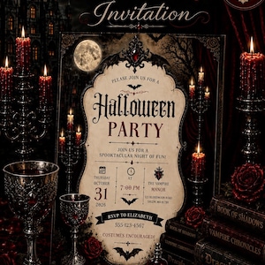 Pode incluir: Um modelo de convite para festa de Halloween de vampiros com moldura gótica, morcegos e lua cheia. O texto inclui: Halloween PARTY, Thursday October 31 2026, 7:00 PM, The Vampire Manor, 123 Bloodmoon Road, Salem, MA 01970, RSVP to Elizabeth 555-123-4567.