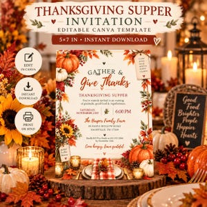 Pode incluir: Um modelo de convite para jantar de Ação de Graças de 12,7 x 17,8 cm com folhagem de outono, abóboras e girassóis. O texto diz Gather & Give Thanks, Thanksgiving Supper, The Harper Family Farm, e inclui detalhes do evento e uma etiqueta com Good Food Kind People Happy Hearts.