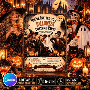 Könnte beinhalten: Eine rechteckige Einladungsvorlage für eine Halloween-Kostümparty mit einer Hexe, einem Geist und einem Skelett. Der Text lautet: You're invited to a Halloween costume party, Friday October 25, 7:00 PM - 11:00 PM, The Haunted Hall, 456 Shadow Creek Rd, Ravenwood, TX 78708, RSVP by October 20 to Emma at 987-654-3210.