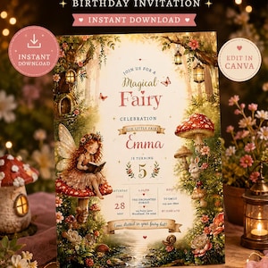 Pode incluir: Um cartão de convite de aniversário retangular com tema de fada mágica, ilustração de floresta, uma fada lendo um livro em um cogumelo e texto incluindo Magical Fairy, Emma, is turning 5, Saturday June 28, 2037, 2:00 PM, The Enchanted Forest, 123 Fairy Lane, Woodland, CA 12345, e RSVP to Emily.