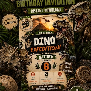 May include: A dinosaur birthday invitation template featuring a volcano, pterodactyls, and various dinosaurs. The text reads Dinosaur Birthday Invitation, Dino Expedition, Matthew is turning 6, and includes event details for Sunday June 8th, 2026.