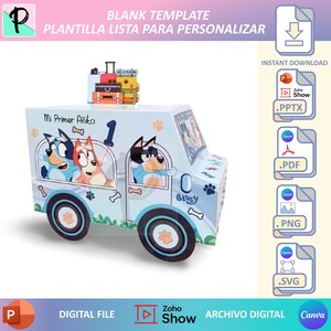 Caja para favores de Bluey, Paper craft Bus Bluey, Kit imprimible Bluey, Diseño digital, Caja para dulces, Texto editable Canva PowerPoint