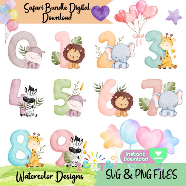 Numero y Animalitos de la selva acuarela ilustraciones para baby shower SVG PNG Tematica Safari para cumpleaños infantiles Descarga digital