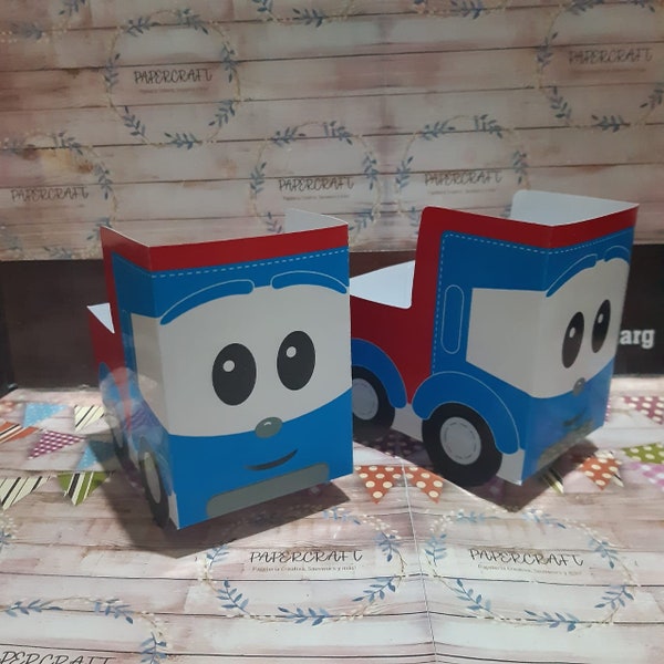 Leo el pequeño camion, Leo de small truck favor box, caja para palomitas, texto editable en canva o powerpoint, tematica leo el camion PPTX