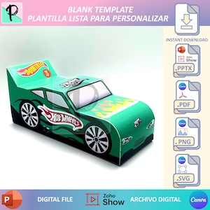 Paper Craft Auto Hot Wheels Color Verde, Caja de favores, Texto editable, Diseño Digital, Descarga instantanea Canva Powerpoint Pptx Svg Pdf