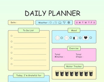 May include: A daily planner with sections for to-do list, mood, exercise, water tracker, goals, notes, and for tomorrow. The planner has a light blue, pink, and yellow colour scheme.