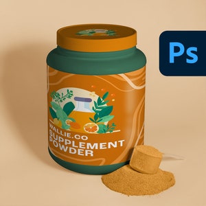 Puede incluir: Un recipiente de plástico verde con una tapa naranja y una etiqueta que dice "wallie.co SUPPLEMENT POWDER". La etiqueta tiene un diseño de rodajas de naranja, hojas y una botella de vidrio. Una cucharada de polvo marrón está al lado del recipiente.