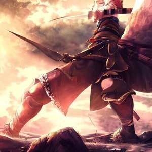 May include: A warrior figure in a brown and gold outfit with a sword and a bow and arrow, standing on a rocky surface with a cloudy sky in the background.