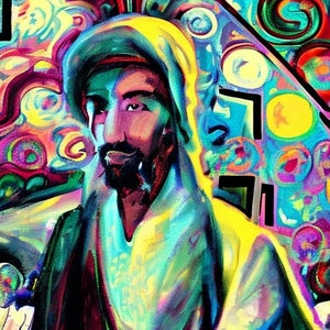 May include: A colorful abstract painting of a person with a beard wearing a yellow and blue hooded garment. The background is a swirl of vibrant colors.