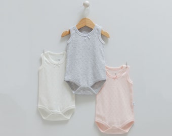 3 Pcs Baby Sleeveless Ecru Body Set, Baby Bodysuit, Newborn Clothes, Baby Romper, Baby Outfit, Pregnancy Gift, New Mom Gift