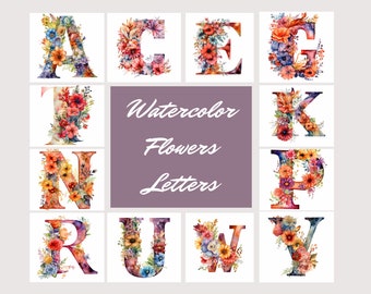 Ilustraciones de letras de flores de acuarela, descarga instantánea, PNG de alta calidad, fondo blanco