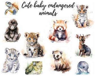 11 Endangered Species Baby Animals Watercolor Clipart, JPEGs, Digital Craft for Nursery, Cute clipart, Instant download, commercial use