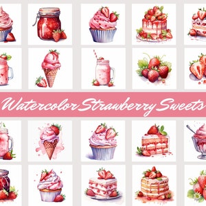 Aquarell Erdbeertorte, Süßigkeiten, Clipart, Sofort Download, Transparenter Hintergrund