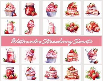 Watercolor Strawberry Cake, Sweets, Clipart, Instant Download, Transparent background