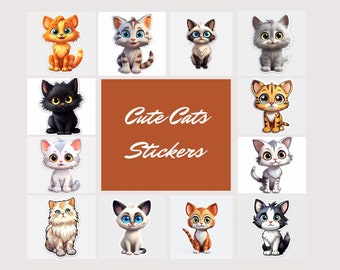 Set of 12 Cute Cats Digital Stickers, Die Cut, Instant Download