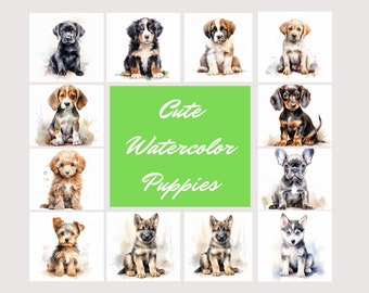 Conjunto de 12 lindas ilustraciones de cachorros de acuarela, imágenes prediseñadas, perros de acuarela, JPEGs- Descarga digital