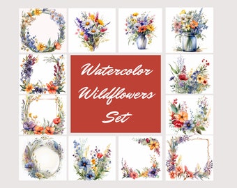 Watercolor Wildflowers Set, Clipart, Instant Download, JPEGs with White Background
