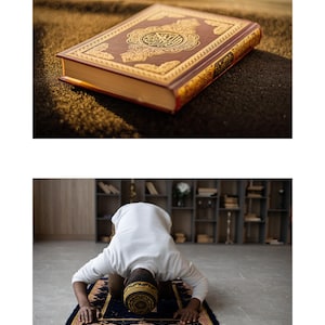 May include: A closed, ornate book with gold accents and Arabic script on a brown cover rests on a textured surface. The book is likely a religious text. A person is bowing in prayer on a prayer rug.