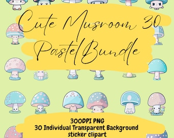 Cute Mushrooms PNG stickers 1 & 2, pastel, sticker, clipart, png bundle, printable stickers, sticker designs, png, sticker downloads, cricut