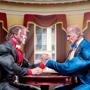 May include: Two men in suits, one wearing a black suit with a red bow tie and the other wearing a blue suit with a blue bow tie, are arm wrestling at a table in a room with red curtains and windows.