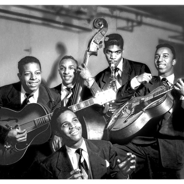 Five Aces (2 guitars Sax Bass Singer on Piano): Premier Kansas City Jazz Quintet Vintage B&W Iconic Gritty Raw Promo by William Fambrough.