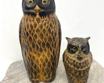 Vintage Ceramic Japan Owl Figurines Set of 2 Home Decor Brown Black