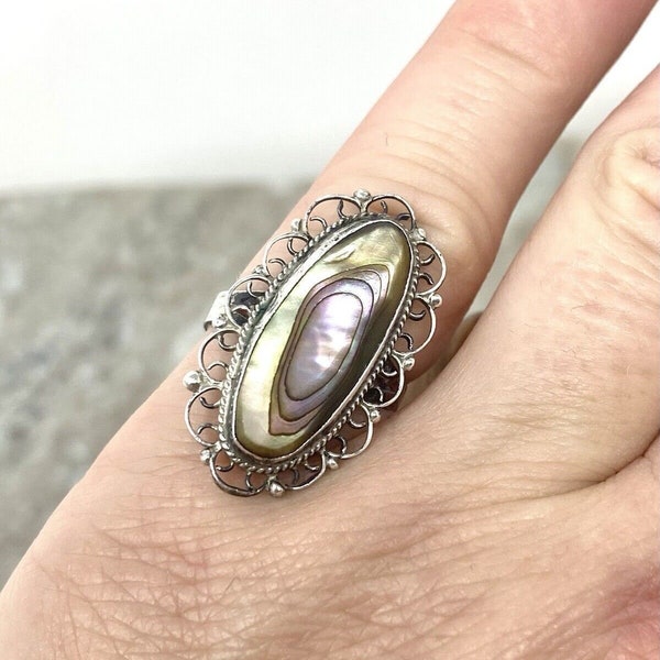 Vintage Sterling Silver Oval Abalone Filigree Taxco Mexico Ring Sz 5.75