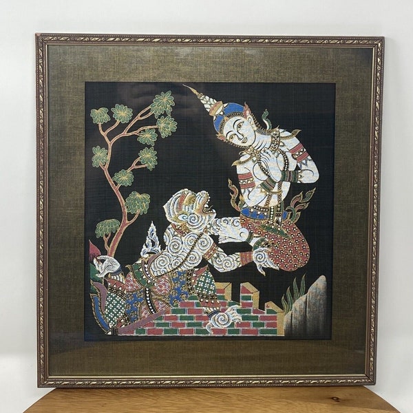 Vintage Hand Painted Thai Goddess and Dragon Mongkut On Silk Framed 14" Art