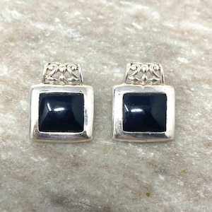 Mexico Sterling Silver Black Onyx Earrings Stud Filigree Detail Pierced