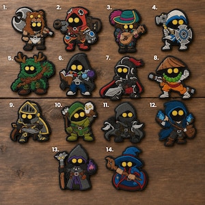 May include: A collection of fourteen embroidered patches featuring fantasy character designs, each with glowing yellow eyes. The characters include a bear warrior, a red-hooded figure, a bard, a knight, a forest creature, a mage, and various adventurers.