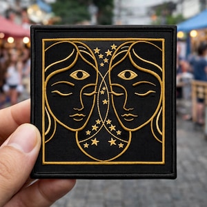 May include: Black square patch with a gold embroidered design featuring two stylized faces with closed eyes and a third eye, connected by a constellation of stars. The patch has a gold border.