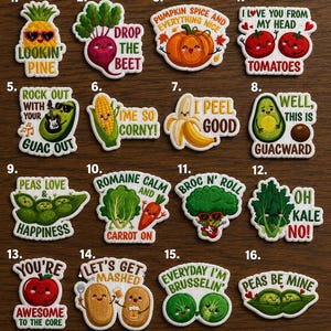 May include: Sixteen embroidered patches featuring various fruits and vegetables with punny text. Designs include a pineapple, beet, pumpkin, tomatoes, avocado, corn, banana, peas, lettuce, carrot, broccoli, kale, apple, potato, and brussels sprouts.
