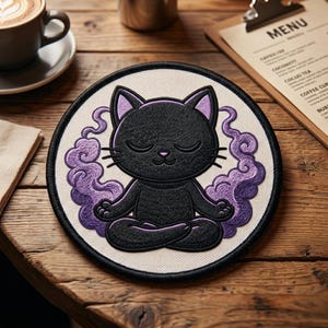 Custom Embroidered Black Cat Meditation Patch Cute Witchy Cat Zen Iron On Patch Spiritual Cat Applique Gift