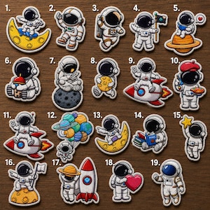 May include: A collection of nineteen embroidered patches featuring astronauts in various poses, including riding a crescent moon, holding planets, sitting on rockets, reading books, and carrying balloons, all rendered in white, red, blue, and yellow.