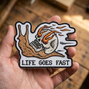 Embroidered Snail Skull Patch, Life Goes Fast Funny Patch, Dark Humor Iron On Patch, Gothic Meme Patch for Jacket