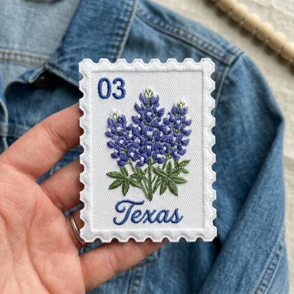 Texas Embroidered Patch, Bluebonnet Flower Patch, Vintage Stamp Patch, State Flower Iron On Patch