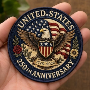 May include: A circular embroidered patch featuring a bald eagle with wings spread, a shield with stars and stripes, and an American flag background. The text reads UNITED STATES 250TH ANNIVERSARY and 1776-2026, accented by a red rose and a yellow flower.