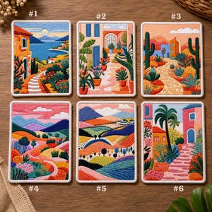 May include: Set of six embroidered patches featuring colorful landscape scenes. Each patch showcases a unique design, including coastal views, pathways, and desert landscapes with cacti. The patches have a white border and are rectangular in shape.