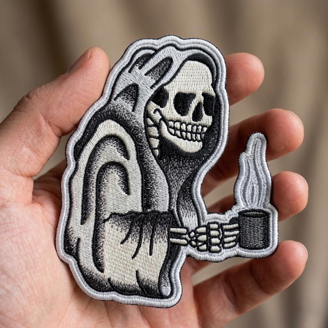 Embroidered Grim Reaper Patch, Funny Coffee Skeleton Iron on Patch ...