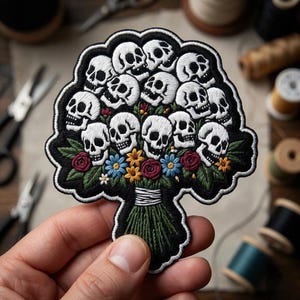 Embroidered Skull Bouquet Patch Gothic Floral Iron On Patch Tattoo Style Skull Flower Patch Biker Jacket Patch