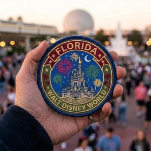 May include: A round patch with a blue background featuring a castle, fireworks, and the text "FLORIDA" and "WALT DISNEY WORLD EST. 1971". The patch has a navy blue border and is held in a hand.