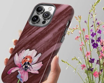 Ladybug Phone Case Burgundy & Pink Iphone 15 14 13 12 11 X 8 Samsung S24 S23 S22 S21 S20 S10 Google Pixel 6 7 8 Ladybug on Flower Phone Case