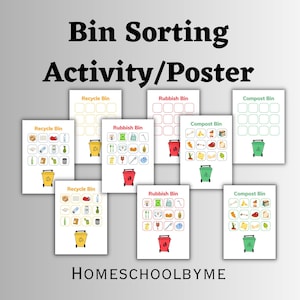 Bin Sorting Activity Printable | Poster | Rubbish, Recycling and Compost Bins | Colourful | Educational | Hands On Activity | Preschool