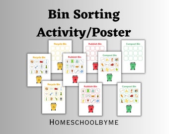 Bin Sorting Activity Printable | Poster | Rubbish, Recycling and Compost Bins | Colourful | Educational | Hands On Activity | Preschool
